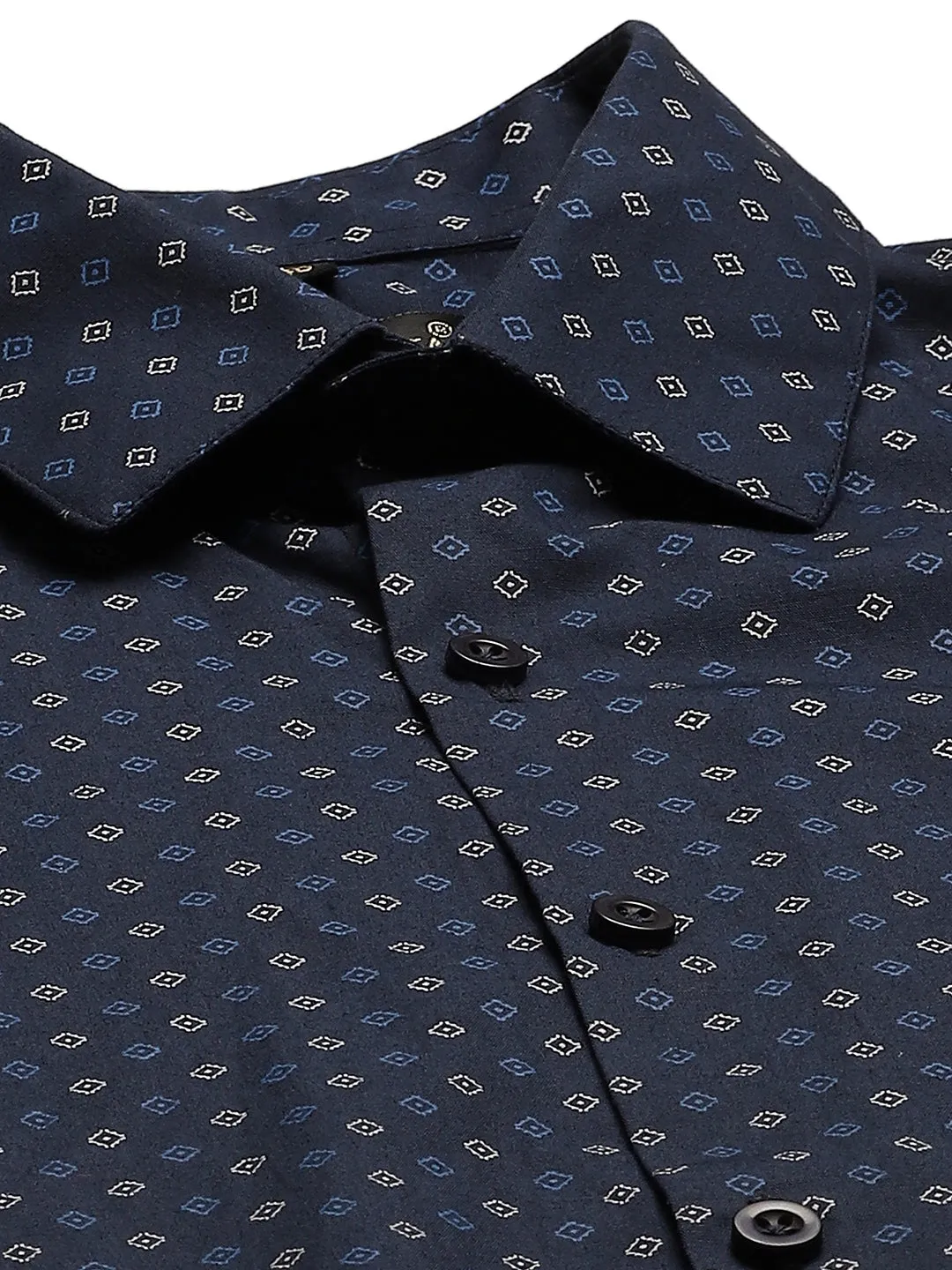Mens Cotton Navy Blue & Multi Printed Formal Shirt - Sojanya