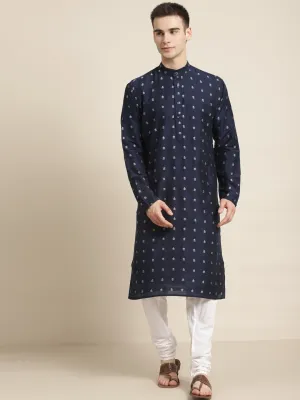 Men's Cotton Navy Blue Self design Kurta & White Churidar Pyjama Set - Sojanya