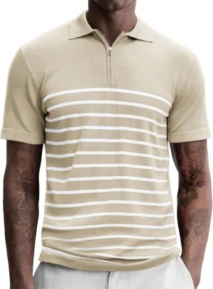 Men's Knit Polo Shirts Short Sleeve Striped Lightweight Classic Fit Zipper Casual Golf Collared T Shirt