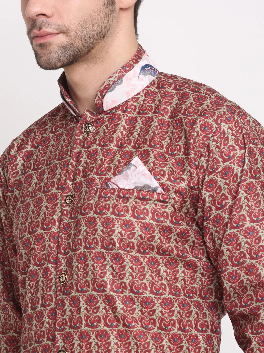 Men's Maroon & Beige Printed Kurta With White Pyjamas Set - Benstoke