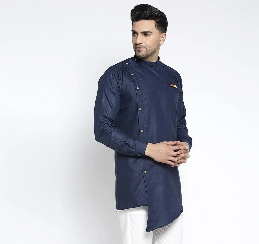 Men's Navy Blue Solid Short Kurta - Benstoke