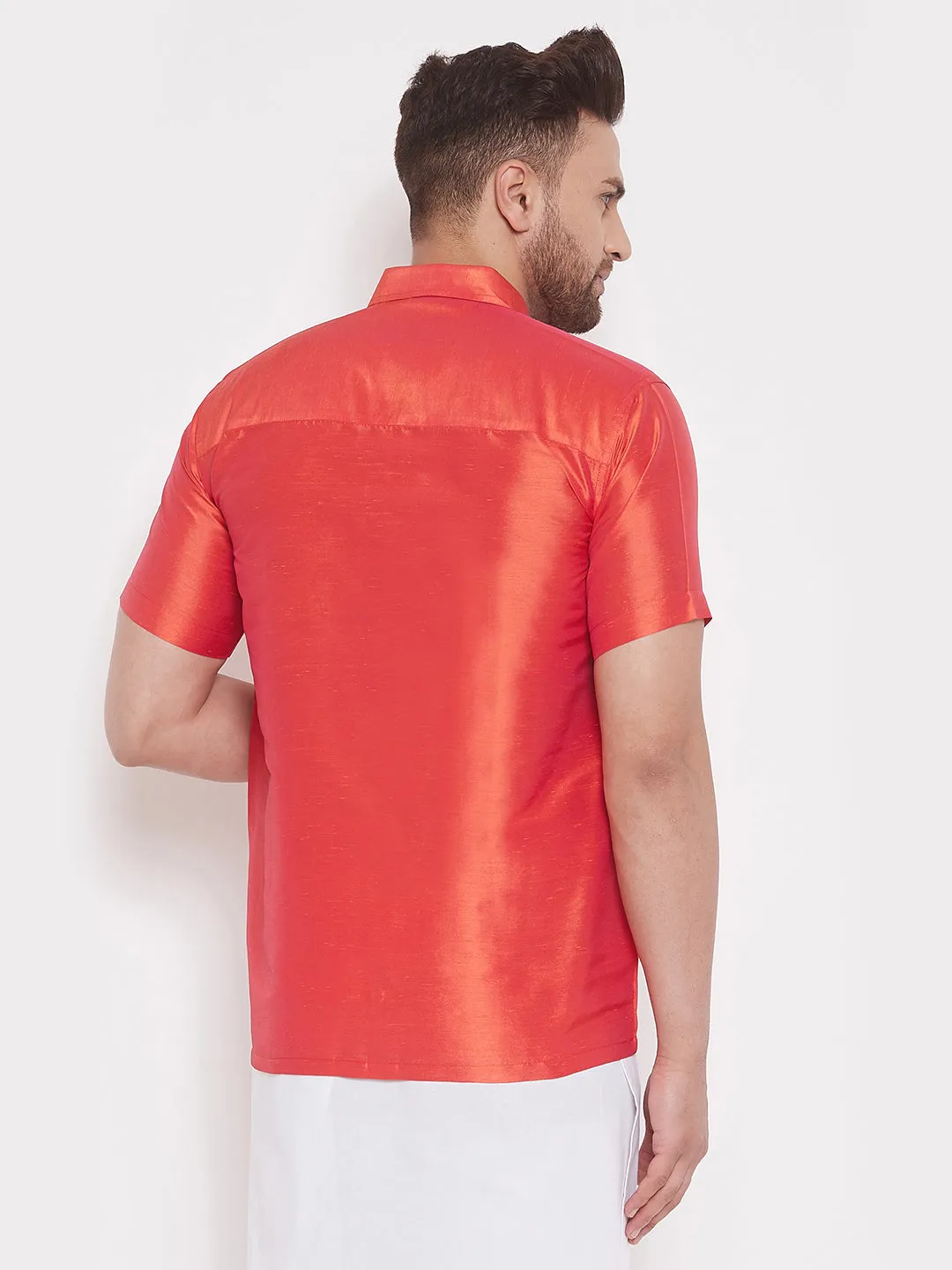 Men's Red Silk Blend Ethnic Shirt - Vastramay