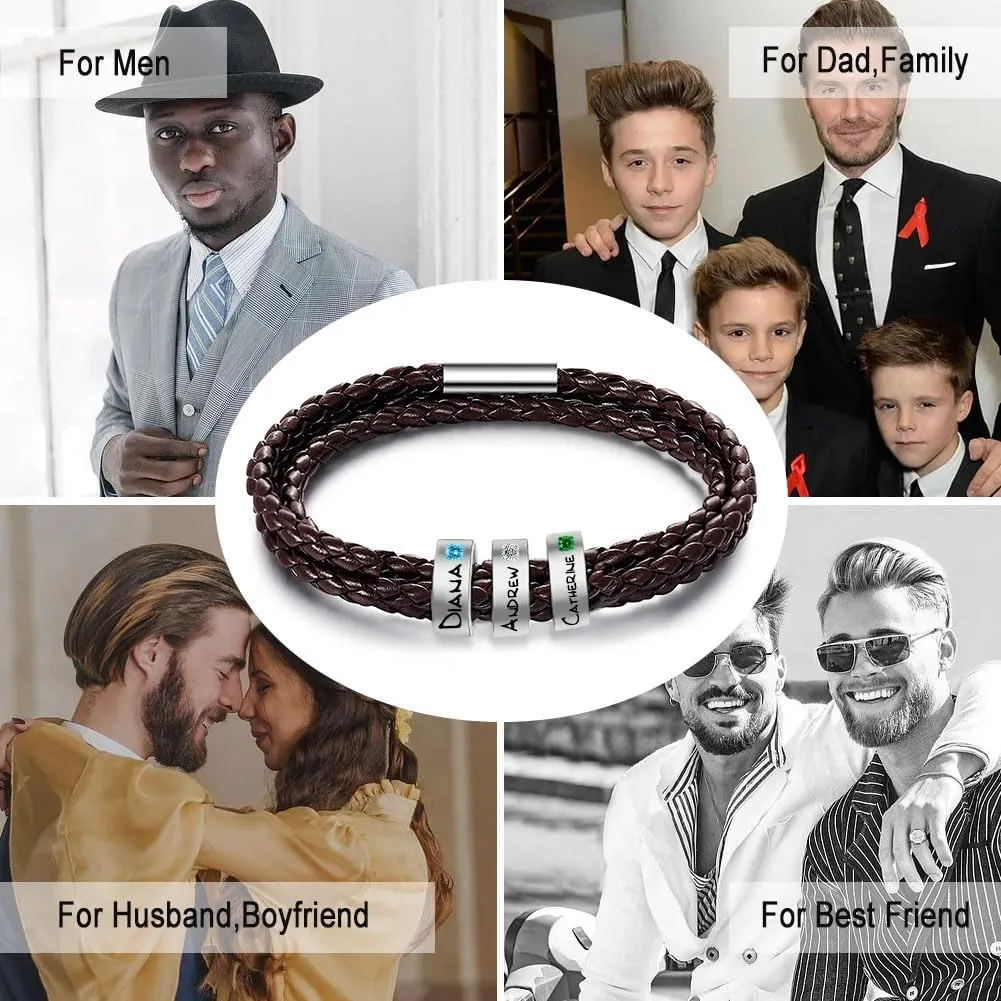 Novgarden Personalized Name Bracelet for Men, Leather Engraved Custom Name Bracelet with Beads, Custom Gifts for Father's Day, Valentines Day, Anniversary