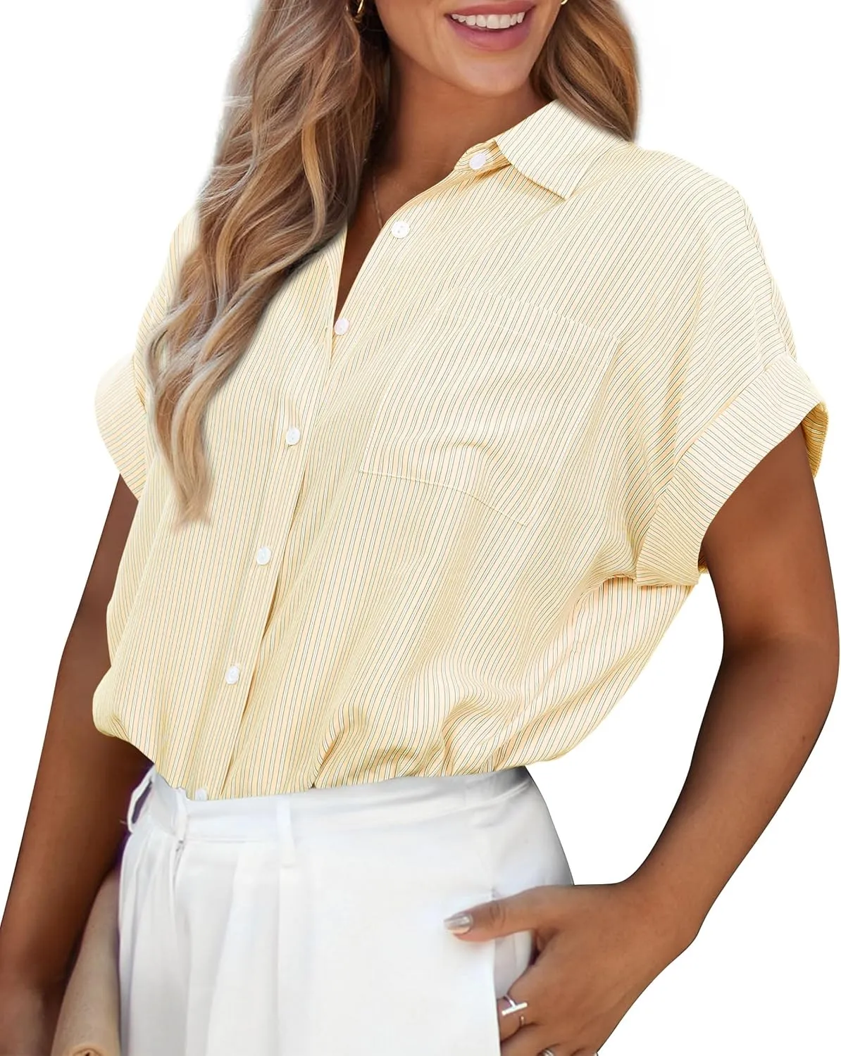 PRETTYGARDEN Striped Shirts Button Up Tops for Women 2025 Summer Short Sleeve V Neck Dressy Casual Blouse