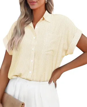 PRETTYGARDEN Striped Shirts Button Up Tops for Women 2025 Summer Short Sleeve V Neck Dressy Casual Blouse