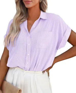 PRETTYGARDEN Striped Shirts Button Up Tops for Women 2025 Summer Short Sleeve V Neck Dressy Casual Blouse