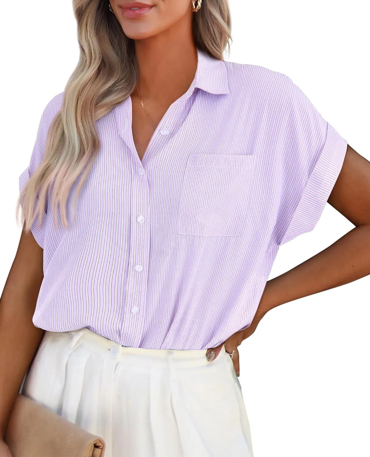 PRETTYGARDEN Striped Shirts Button Up Tops for Women 2025 Summer Short Sleeve V Neck Dressy Casual Blouse