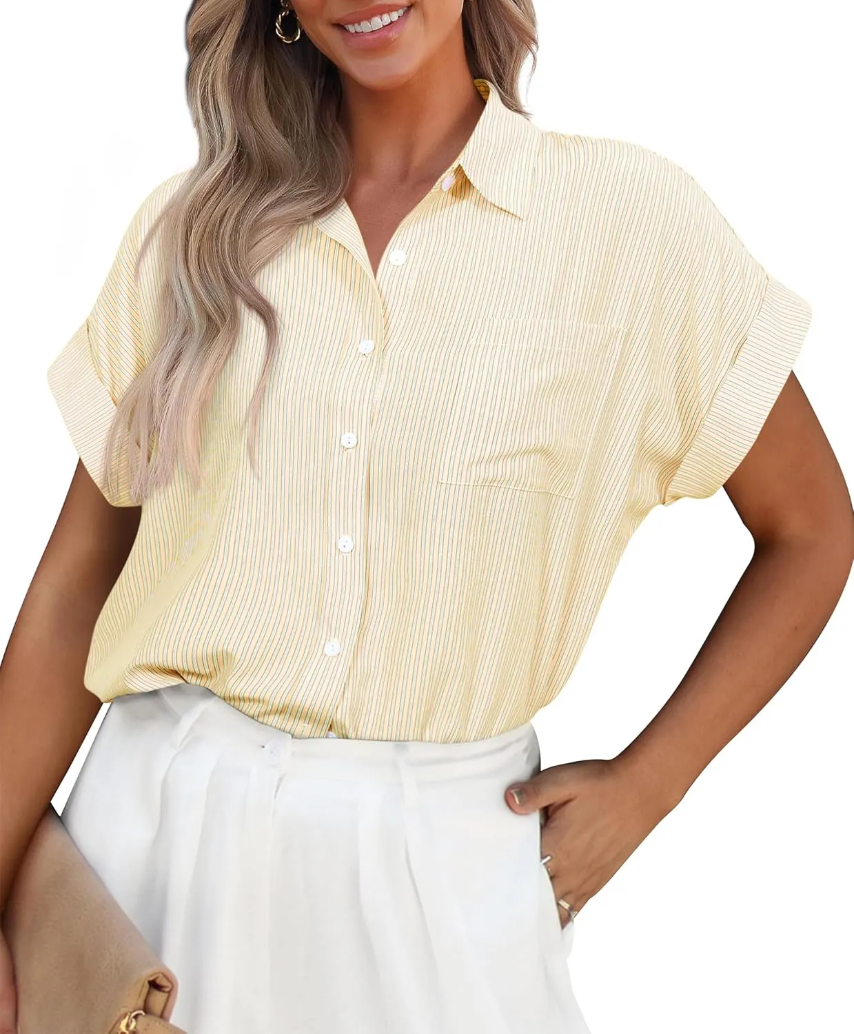 PRETTYGARDEN Striped Shirts Button Up Tops for Women 2025 Summer Short Sleeve V Neck Dressy Casual Blouse