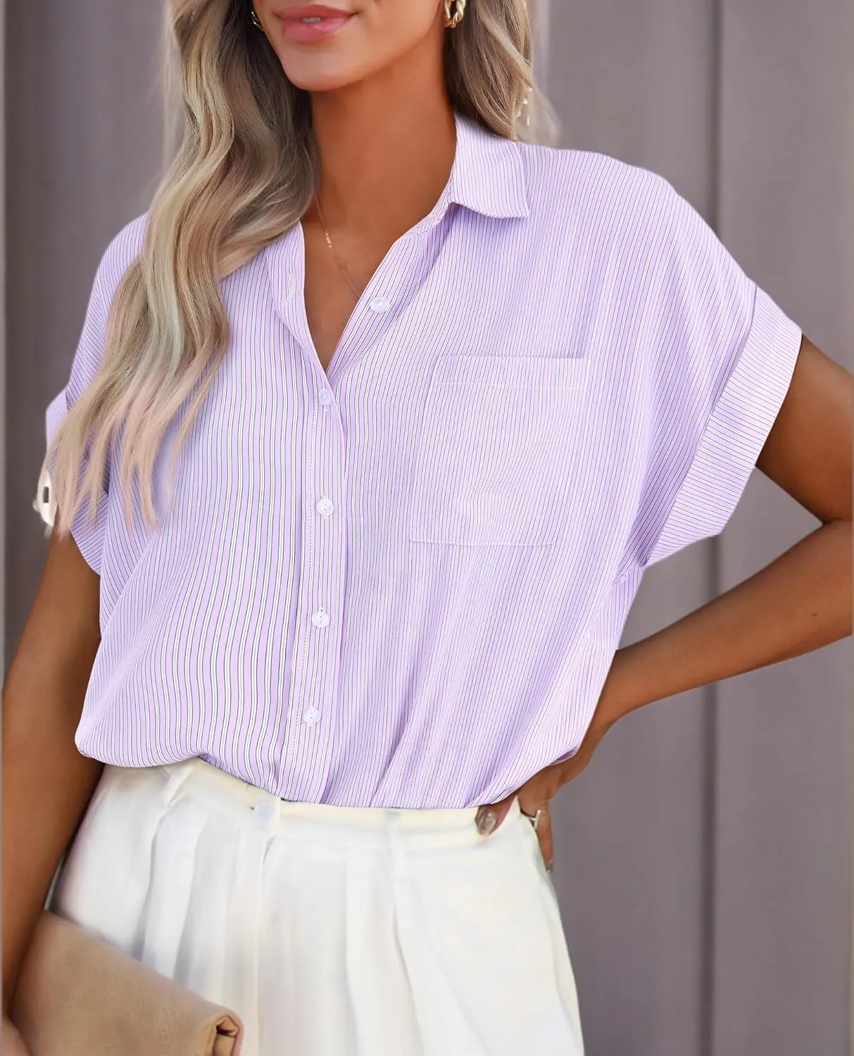 PRETTYGARDEN Striped Shirts Button Up Tops for Women 2025 Summer Short Sleeve V Neck Dressy Casual Blouse