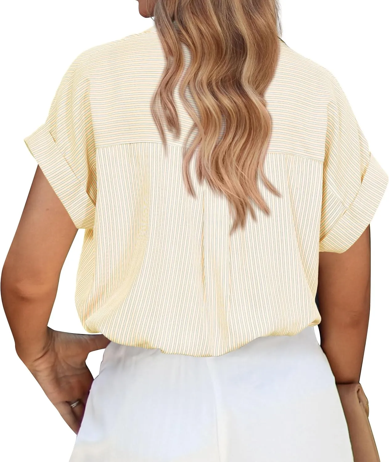PRETTYGARDEN Striped Shirts Button Up Tops for Women 2025 Summer Short Sleeve V Neck Dressy Casual Blouse