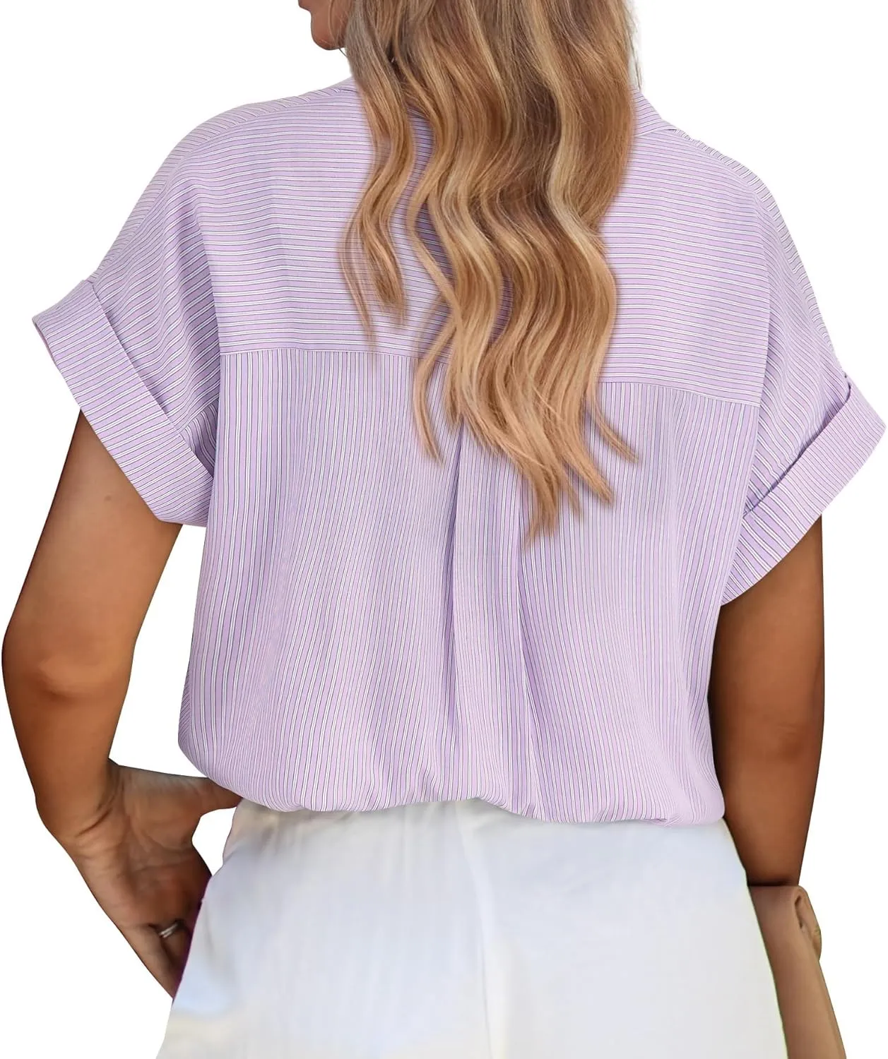 PRETTYGARDEN Striped Shirts Button Up Tops for Women 2025 Summer Short Sleeve V Neck Dressy Casual Blouse