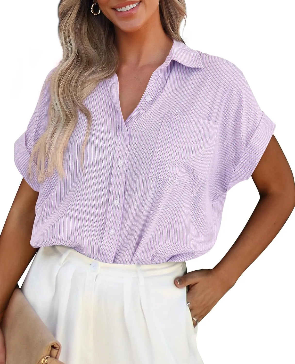 PRETTYGARDEN Striped Shirts Button Up Tops for Women 2025 Summer Short Sleeve V Neck Dressy Casual Blouse