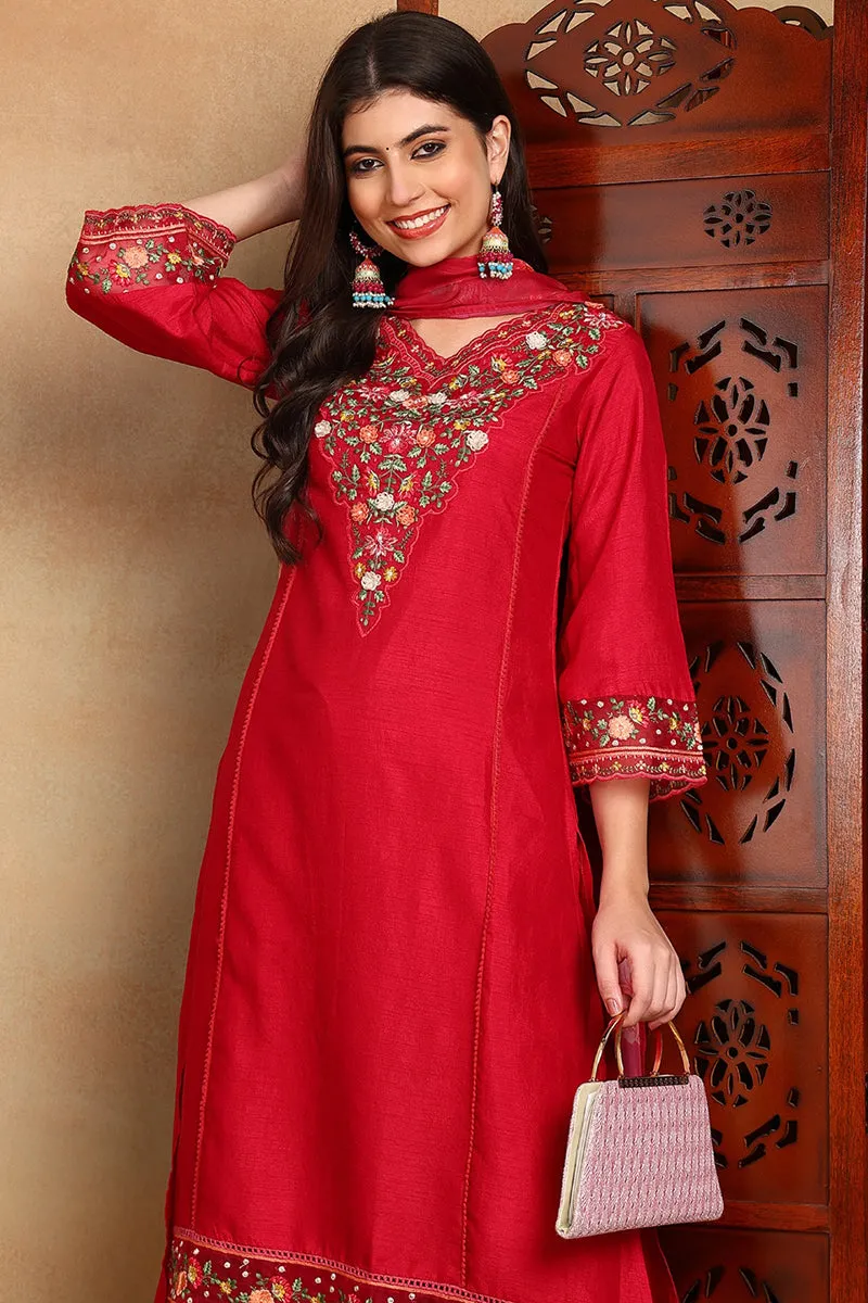 Rani Pink Silk Blend Solid Embroidered Straight Suit Set
