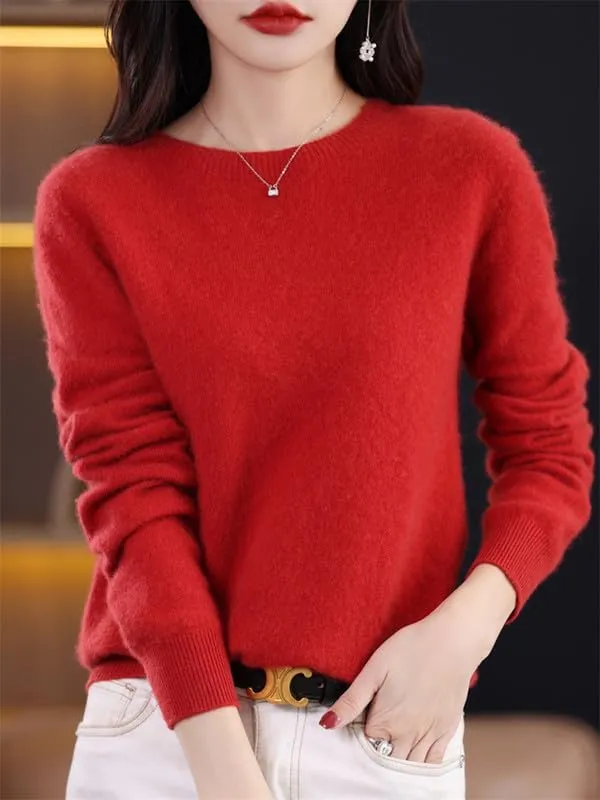 Shanghai Story 100% Merino Wool Sweater Women Fall Winter Warm Knitted Pullover Crewneck Long Sleeve Sweater