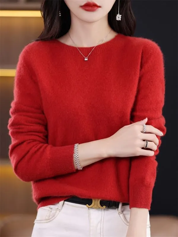 Shanghai Story 100% Merino Wool Sweater Women Fall Winter Warm Knitted Pullover Crewneck Long Sleeve Sweater