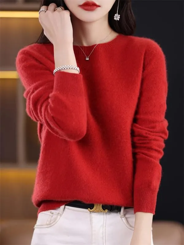 Shanghai Story 100% Merino Wool Sweater Women Fall Winter Warm Knitted Pullover Crewneck Long Sleeve Sweater