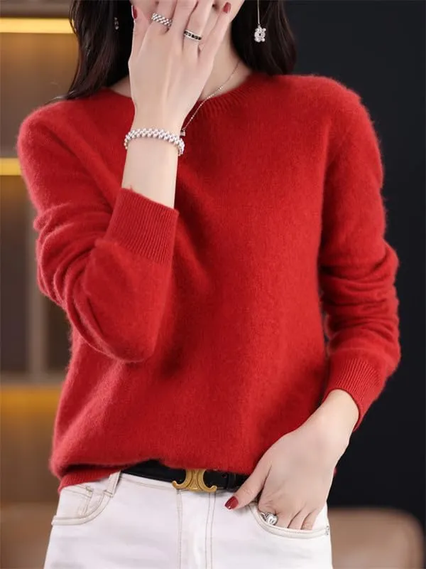 Shanghai Story 100% Merino Wool Sweater Women Fall Winter Warm Knitted Pullover Crewneck Long Sleeve Sweater