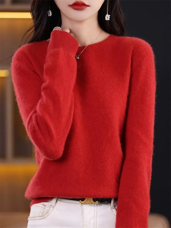 Shanghai Story 100% Merino Wool Sweater Women Fall Winter Warm Knitted Pullover Crewneck Long Sleeve Sweater