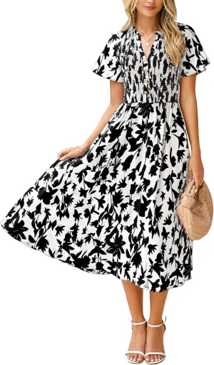 Simplee Floral Smocked Midi Dress V Neck Short Sleeve Empire Waist A Line Boho Beach Dress