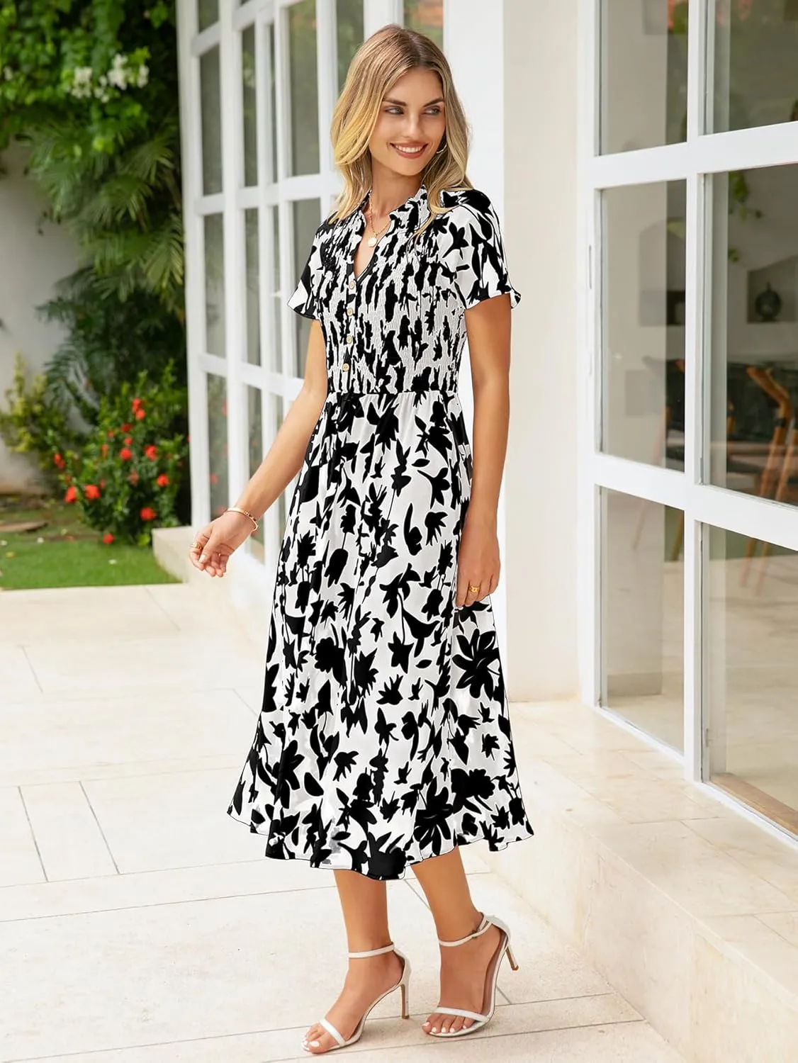 Simplee Floral Smocked Midi Dress V Neck Short Sleeve Empire Waist A Line Boho Beach Dress