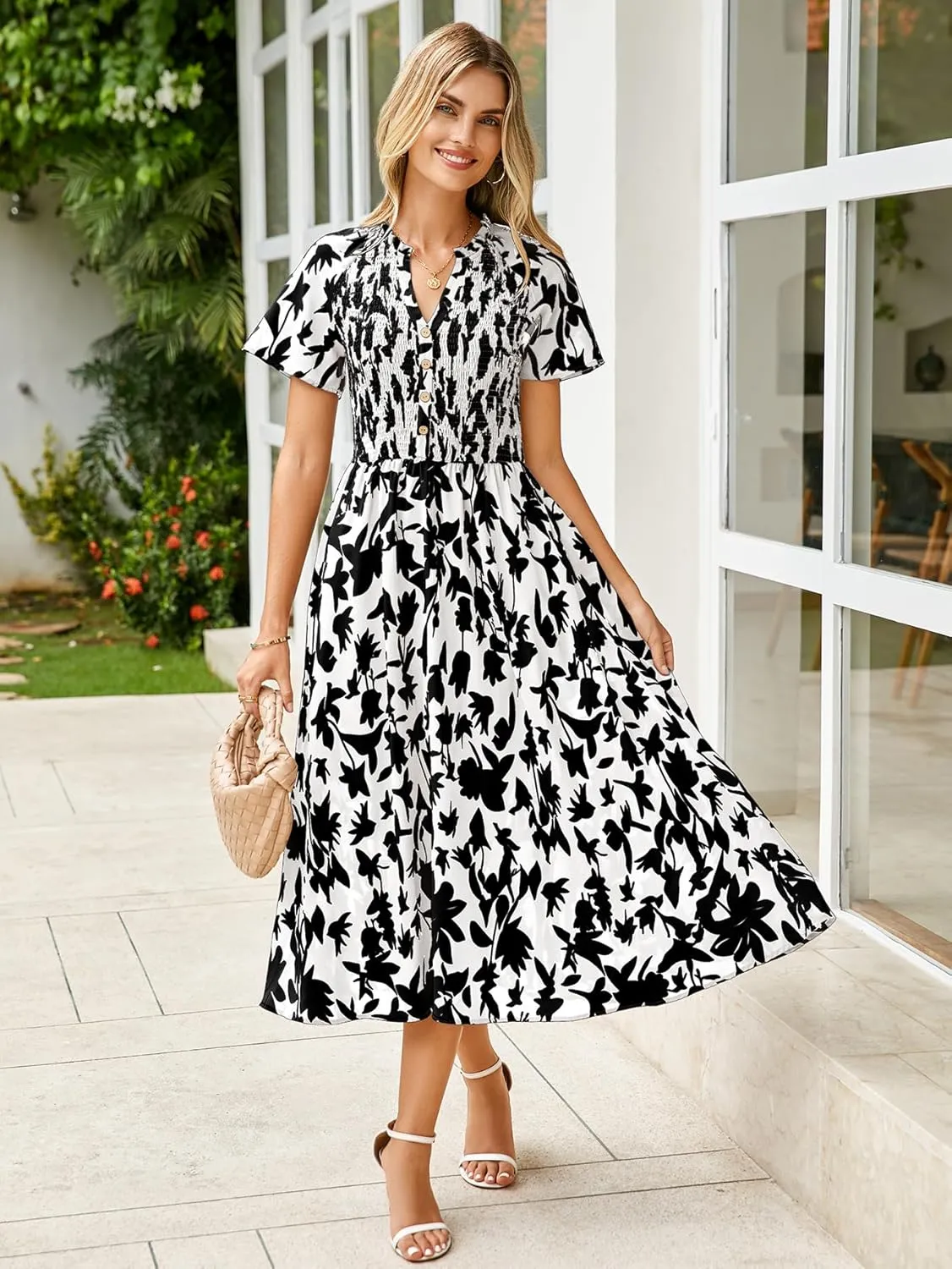 Simplee Floral Smocked Midi Dress V Neck Short Sleeve Empire Waist A Line Boho Beach Dress