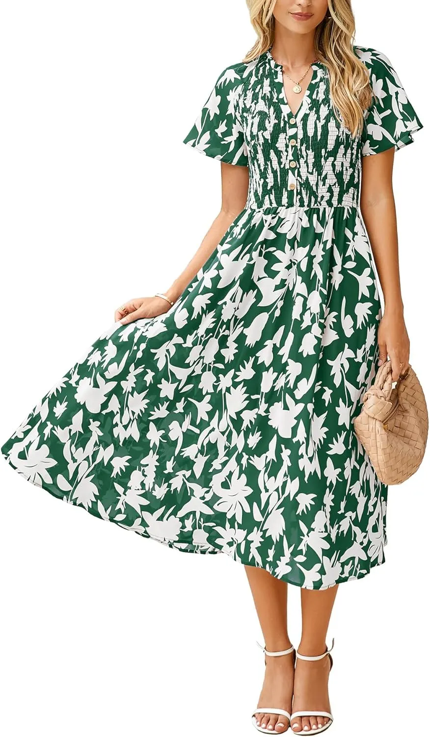 Simplee Floral Smocked Midi Dress V Neck Short Sleeve Empire Waist A Line Boho Beach Dress