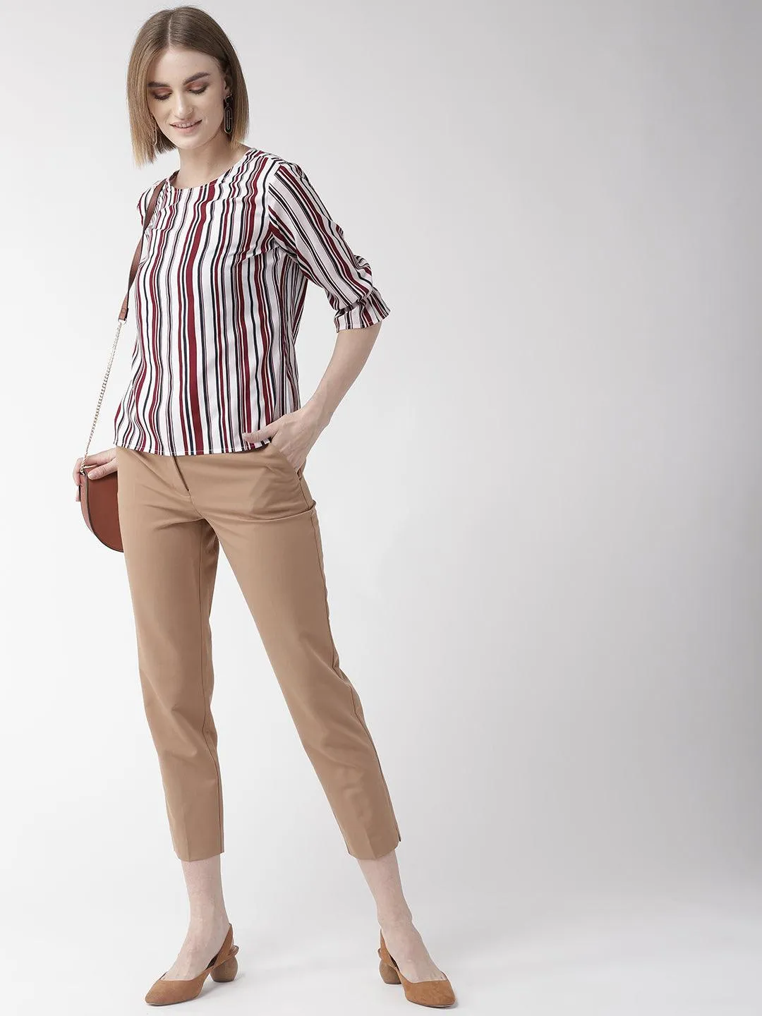 Style Quotient Women White And Multi Stripe Printed Polyester Smart Casual Top