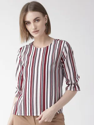 Style Quotient Women White And Multi Stripe Printed Polyester Smart Casual Top