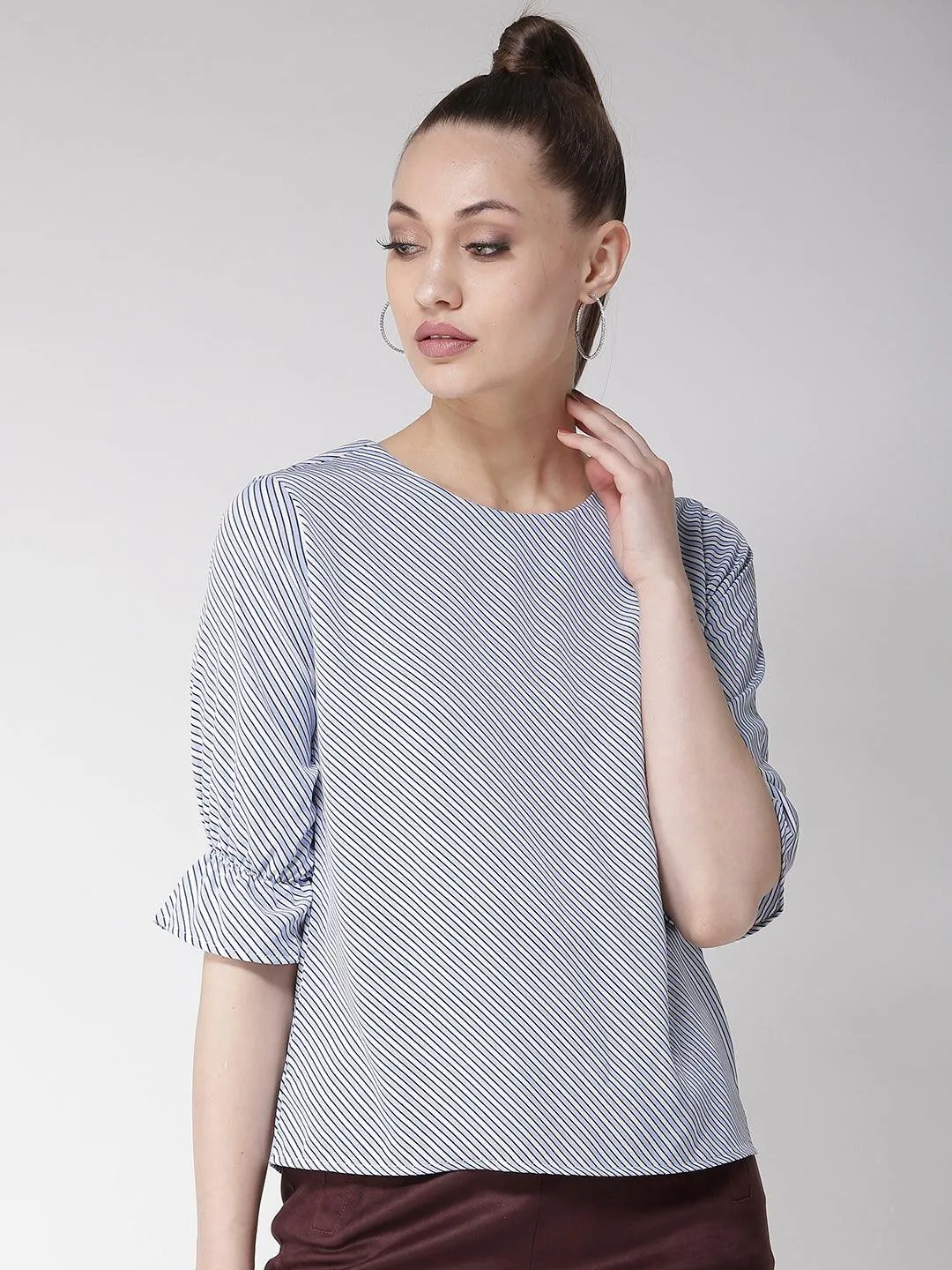 Style Quotient Women White And Multi Stripe Printed Polyester Smart Casual Top