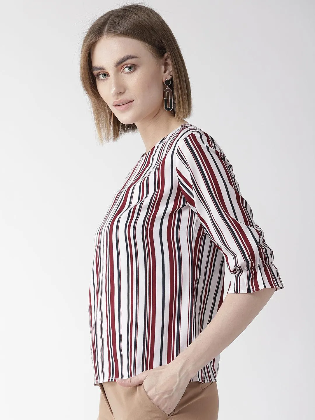 Style Quotient Women White And Multi Stripe Printed Polyester Smart Casual Top