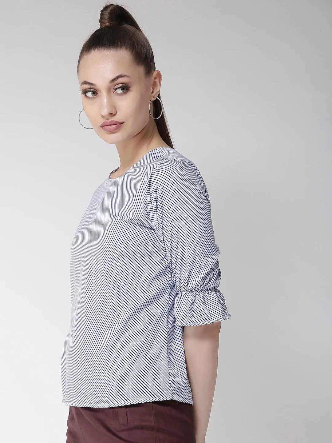 Style Quotient Women White And Multi Stripe Printed Polyester Smart Casual Top
