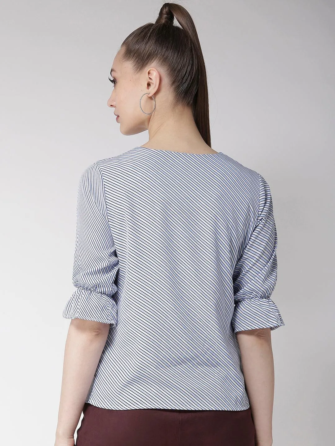 Style Quotient Women White And Multi Stripe Printed Polyester Smart Casual Top