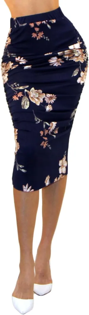 Vivicastle Women's USA Ruched Frill Ruffle High Waist Pencil Mid-Calf Skirt