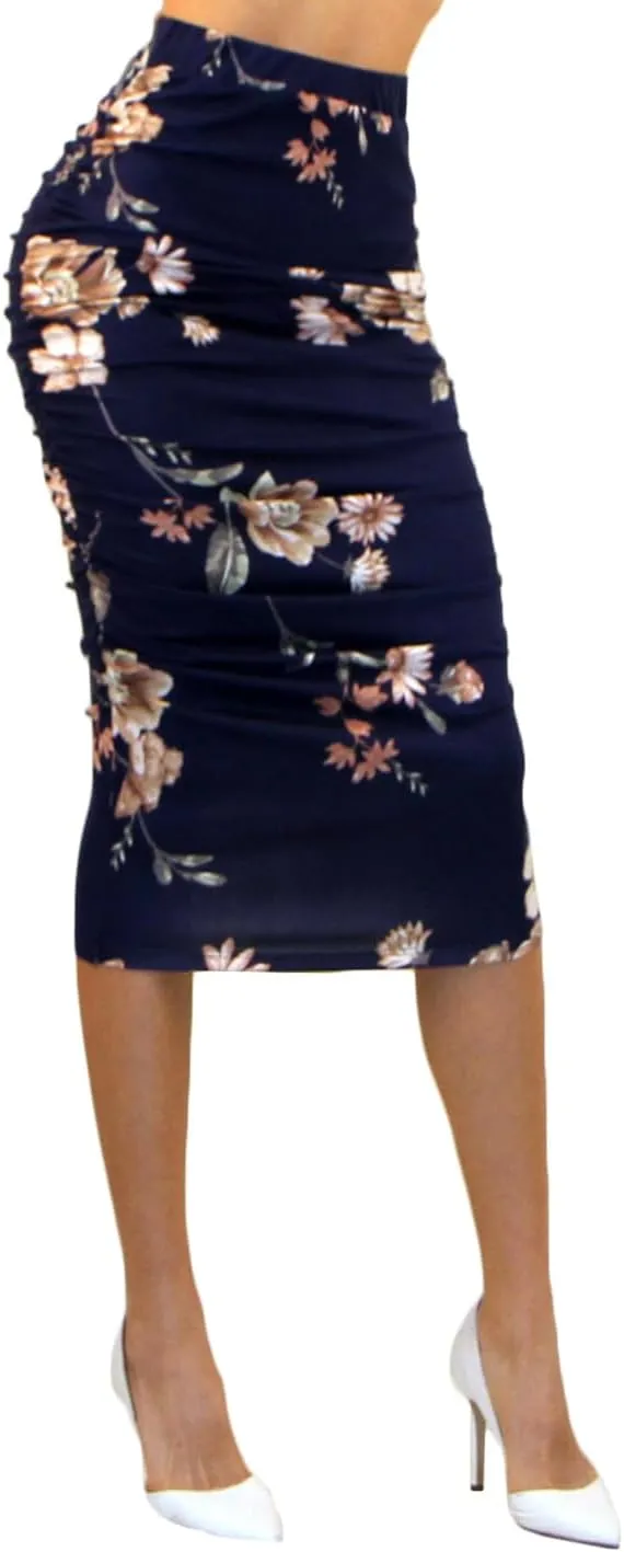 Vivicastle Women's USA Ruched Frill Ruffle High Waist Pencil Mid-Calf Skirt