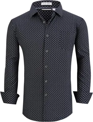 WARHORSEE Mens Casual Button Down Dress Shirts Long Sleeve 4-Way Stretch Collared Printed Business Work Shirt