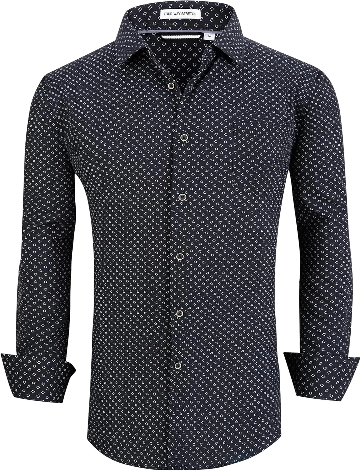 WARHORSEE Mens Casual Button Down Dress Shirts Long Sleeve 4-Way Stretch Collared Printed Business Work Shirt