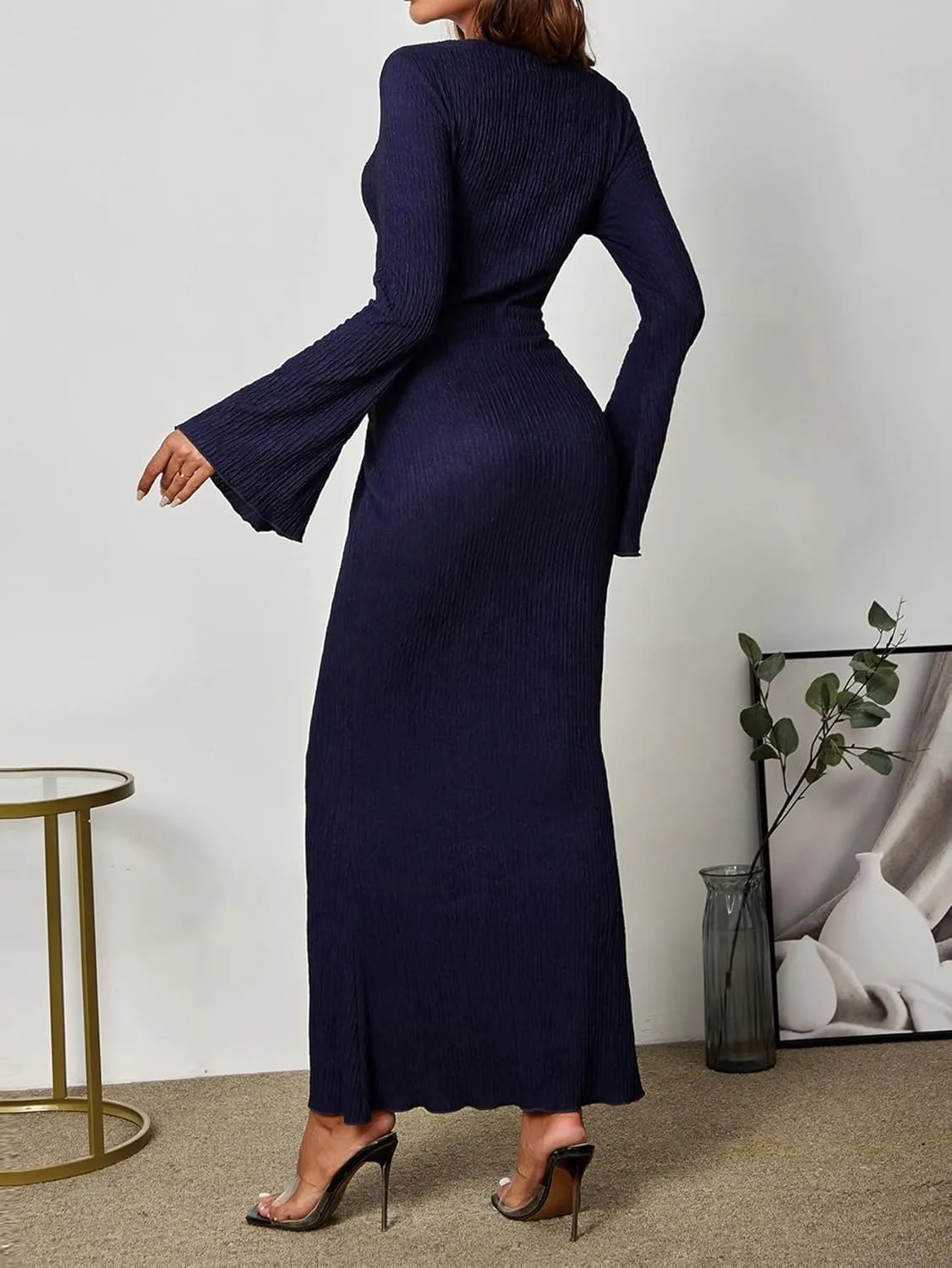 Women Long Sleeve Bodycon Maxi Dress Crew Neck Formal Elegant Wedding Guest Fall Knit Long Dresses