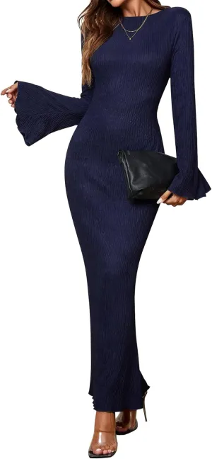 Women Long Sleeve Bodycon Maxi Dress Crew Neck Formal Elegant Wedding Guest Fall Knit Long Dresses