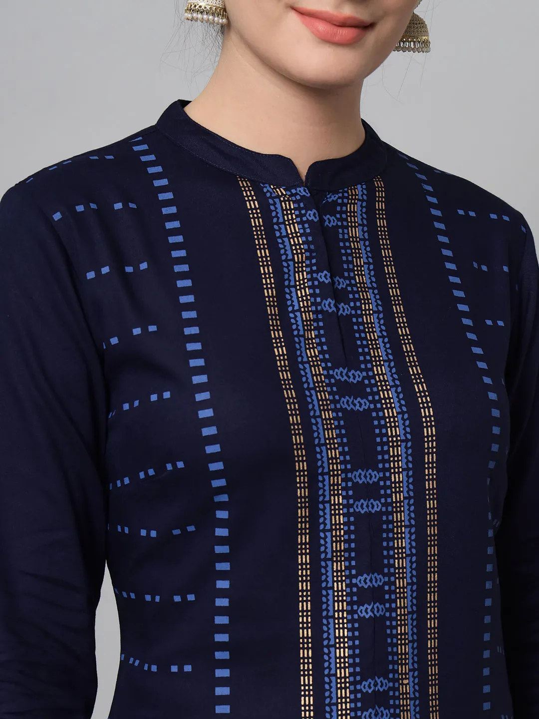 Women Navy Blue Printed Kurta Trouser Set