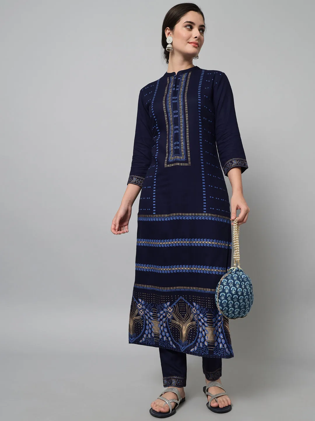 Women Navy Blue Printed Kurta Trouser Set