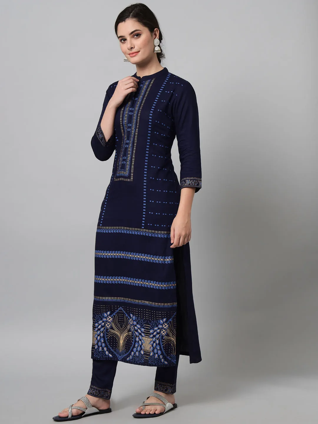 Women Navy Blue Printed Kurta Trouser Set