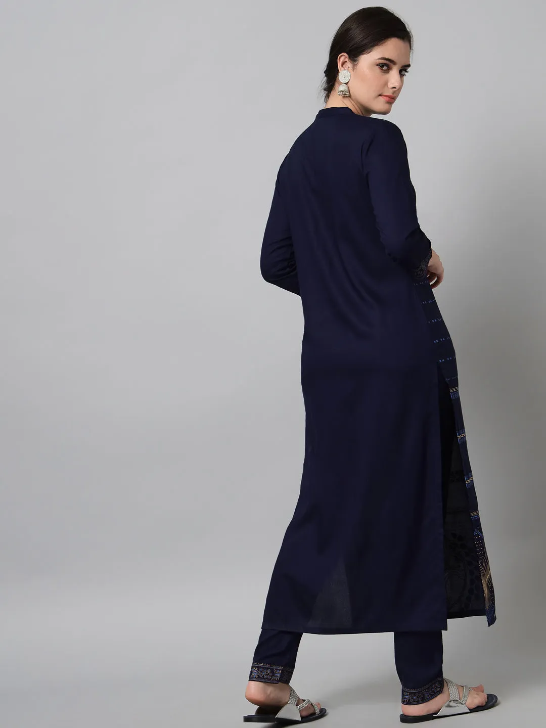 Women Navy Blue Printed Kurta Trouser Set