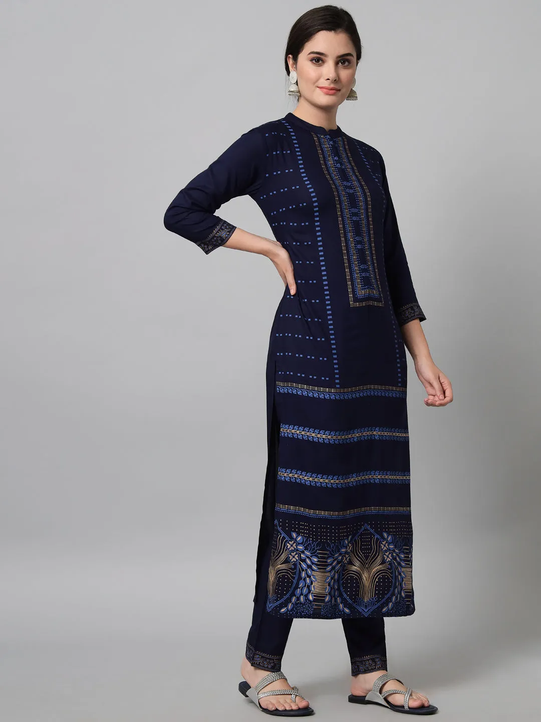 Women Navy Blue Printed Kurta Trouser Set