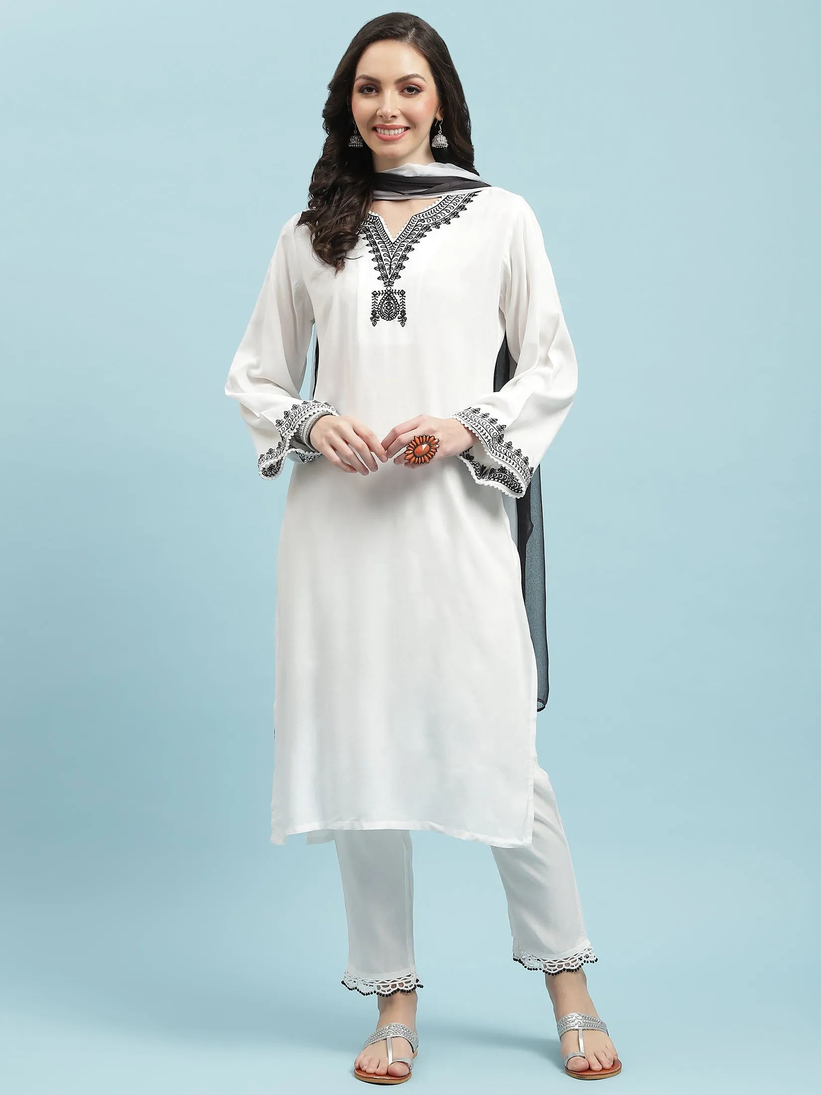 Women White Embroidered Kurta Trouser Dupatta