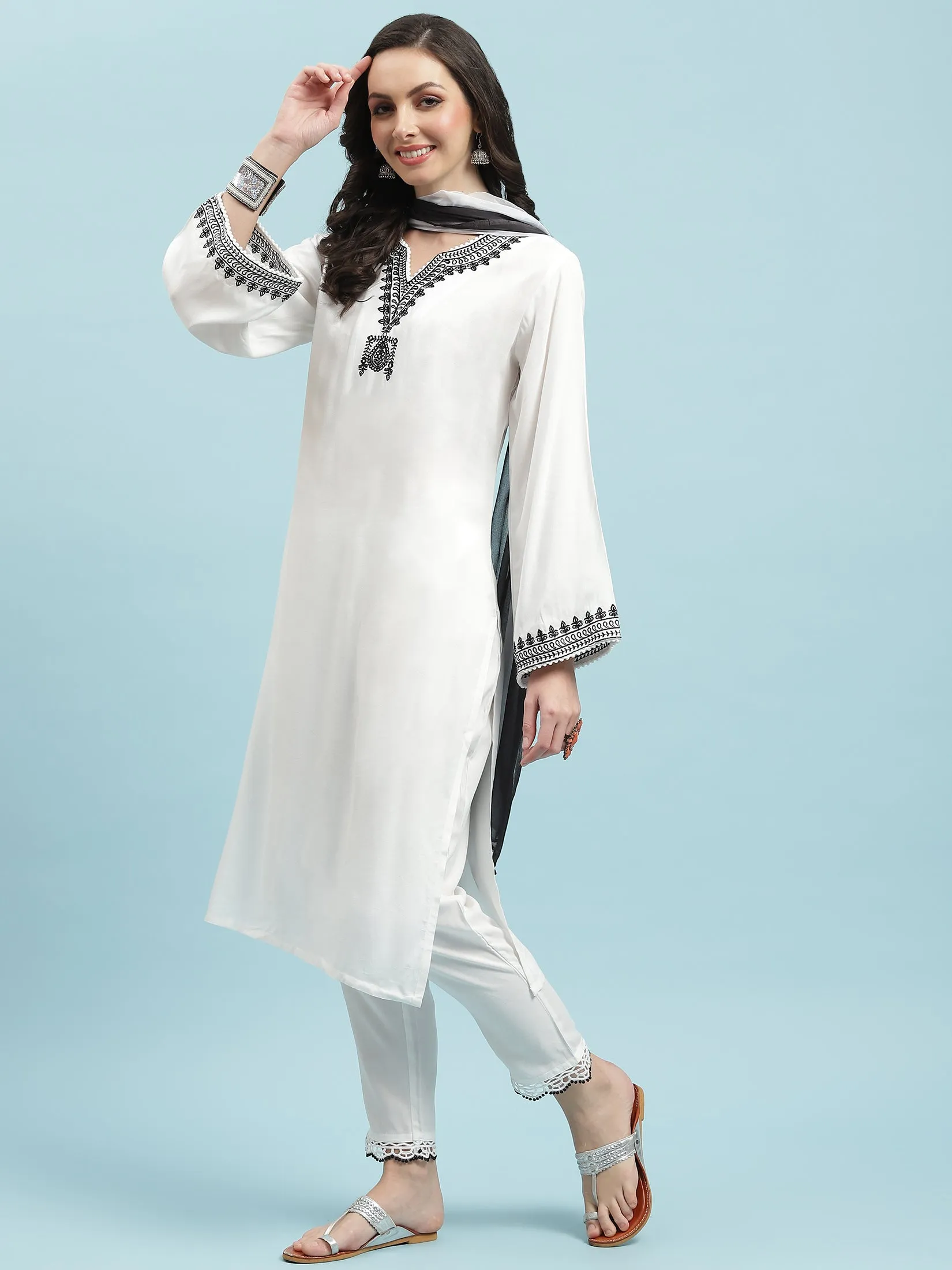 Women White Embroidered Kurta Trouser Dupatta