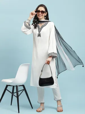 Women White Embroidered Kurta Trouser Dupatta