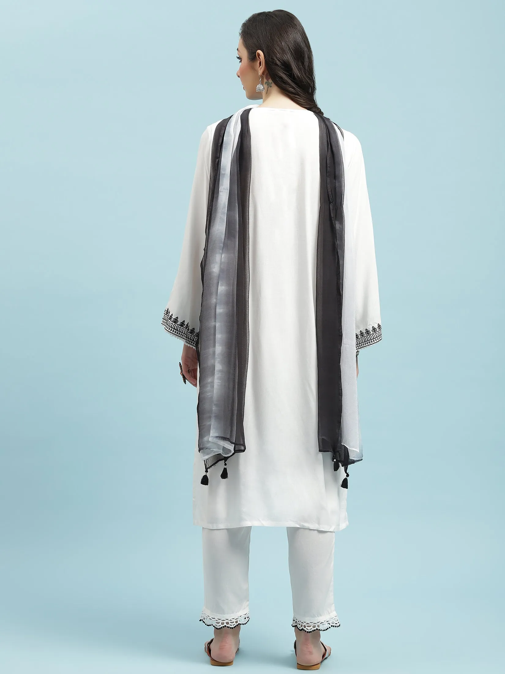 Women White Embroidered Kurta Trouser Dupatta
