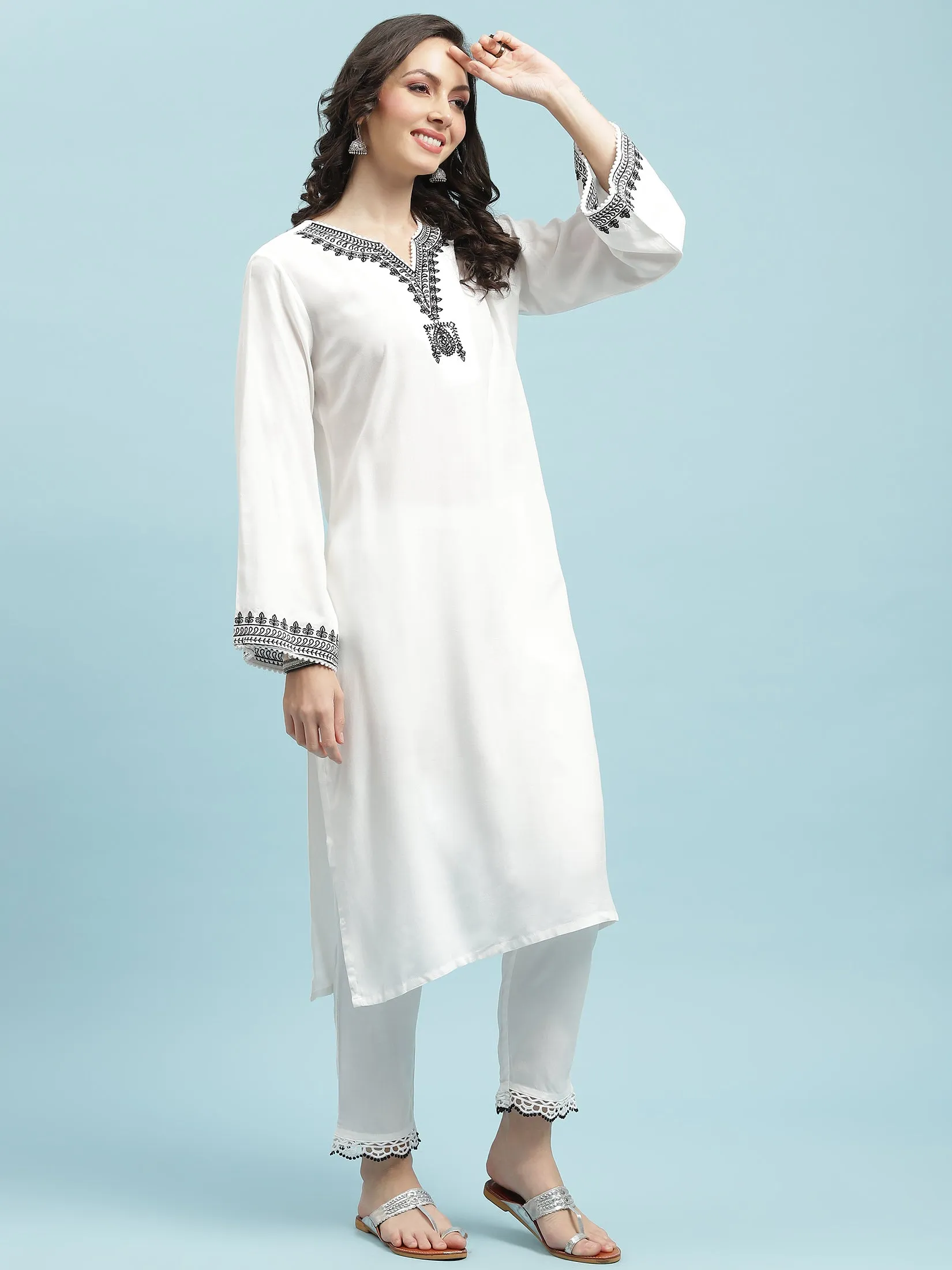 Women White Embroidered Kurta Trouser Dupatta