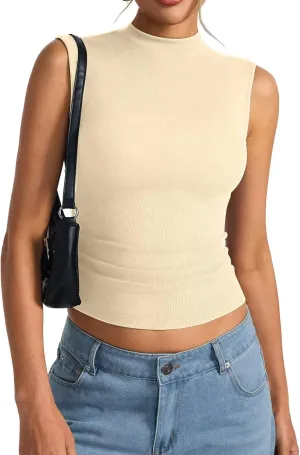 Womens Cotton Ribbed Tank Tops Sleeveless Mock High Neck Top Fitted Basic Summer Cami Shirts Y2K Outfits 2025