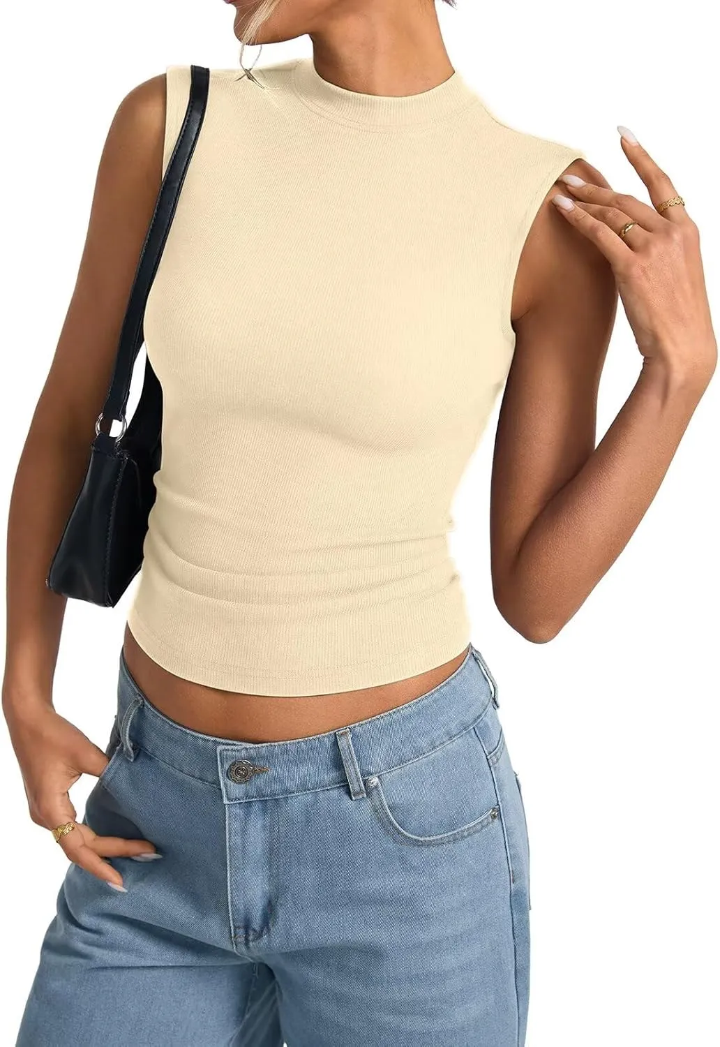Womens Cotton Ribbed Tank Tops Sleeveless Mock High Neck Top Fitted Basic Summer Cami Shirts Y2K Outfits 2025